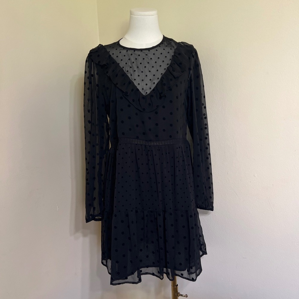 Zara Black Polka Dot Sheer Ruffle Mini Dress Long Sleeve Size S Babydoll Gothic